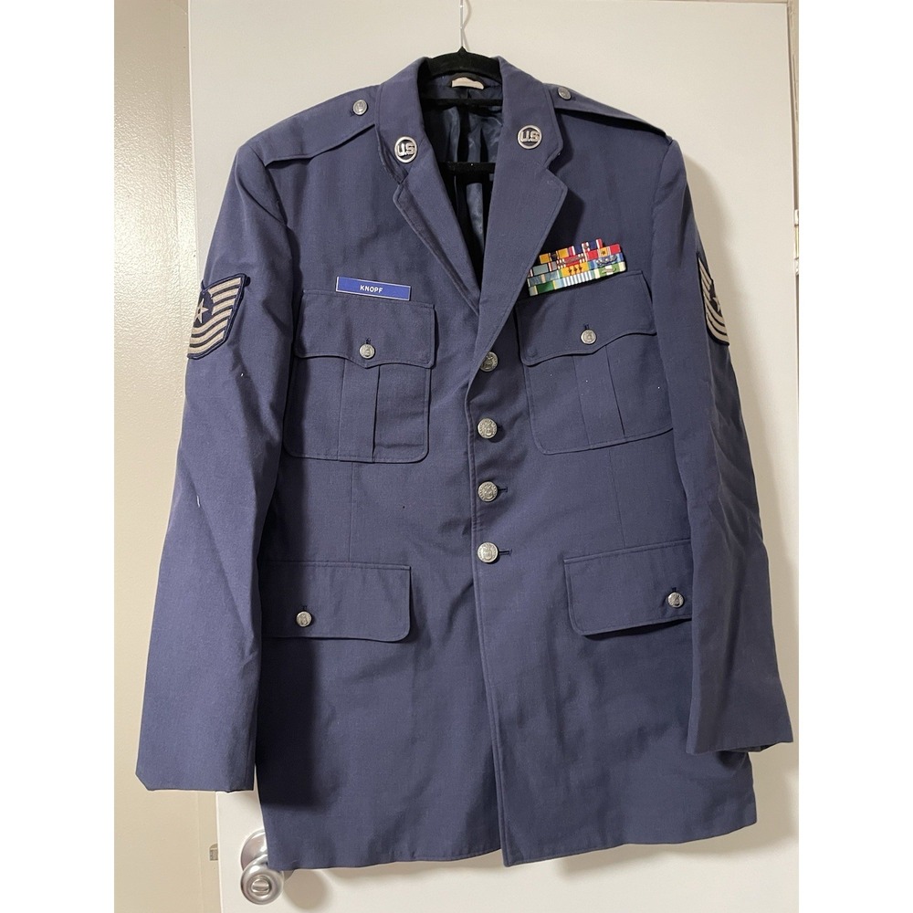 Vintage US Air Force Dress Blue Uniform Set 44L Wool w/ Ribbons Blue